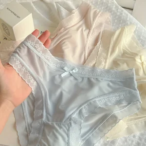 7pcs Elegant Light Blue Lace-Trimmed Bow Briefs for Women - Sexy, Comfortable & Breathable Stretch Nylon/Spandex Intimates Panties with Delicate Bow Detail, Machine Washable