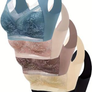 5 Pcs Comfy Floral Lace Wireless Bralette Bra, Full Coverage Push Up Intimates, Breathable Women's Lingerie & Underwear