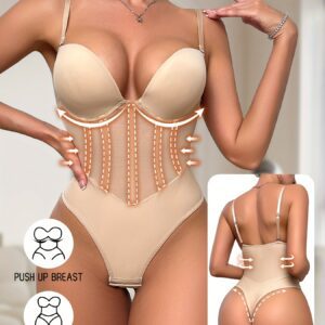 1pc Sexy Corset Solid Color Deep V Neck Contouring Onesie Belly Control Waist Trainer Slimming Thong Shapewear Women's Lingerie & Shapewear