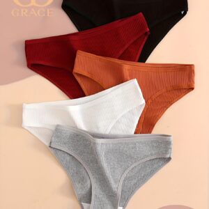 [Breathable Stretchy Intimates Panties] 5pcs Solid Ribbed Briefs, Comfy & Breathable Stretchy Intimates Panties, Women'S Lingerie & Underwear