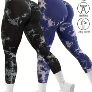 Women'S 2-Pack Seamless Tie-Dye High Stretch Sports Yoga Leggings, Athletic Workout Pants, Comfort Fit Activewear for Gym & Home Exercise