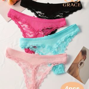 4pcs Women's Seamless Floral Lace Thongs - Semi-Sheer Bow Decor, Breathable Stretchy Comfort, Soft Pastel Colors (Black/Pink/Blue/Peach), Sexy Comfy Underwear for Everyday & Clothing, Clothing Thongs | Floral Lace Design | Quality Comfortable Wear