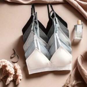 5pcs Elegant Wireless Bras, Comfort Ribbed Texture Design, Breathable Soft Fabric, Adjustable Straps, Daily Wear Lingerie Set